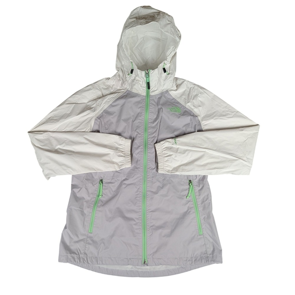 The North Face Womens HyVent Rain Jacket Grey White Mint Hooded Windbreaker